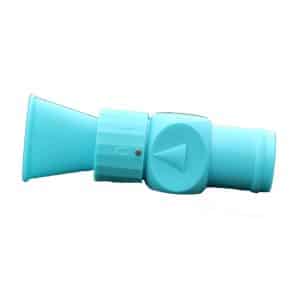 Close-up of the teal DELTA-V Lung Trainer, a sturdy plastic whistle with a cylindrical design. It has a concave mouthpiece and textured grip area, featuring an engraved arrow symbol on one side, set against a white background.