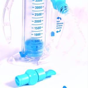 The DELTA-V Lung Trainer is portrayed in blue and transparent with measurement markings from 500 to 4000 and features a detachable mouthpiece shown in the foreground. Text below states