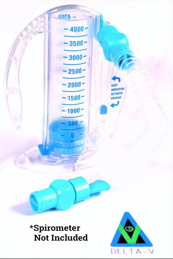 The DELTA-V Lung Trainer is portrayed in blue and transparent with measurement markings from 500 to 4000 and features a detachable mouthpiece shown in the foreground. Text below states "*Spirometer Not Included" with the Delta-V logo.