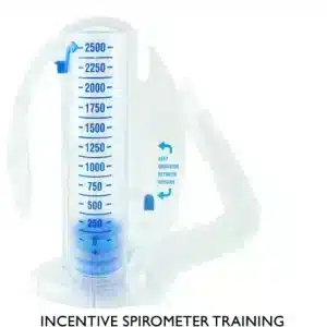 A Volumetric Incentive Spirometer with a blue indicator and measurements from 250 to 2500 mL. It has a transparent base, the hose on the right, and "INCENTIVE SPIROMETER TRAINING" printed below.